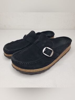 Birkenstock Black Suede Slip-On Mule with Silver Buckle Womens Size 38 EU